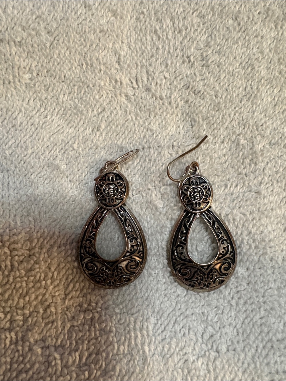 Ornate Silver-Tone Teardrop Dangle Earrings
